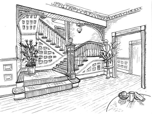Ink drawing of the entry hall and staircase